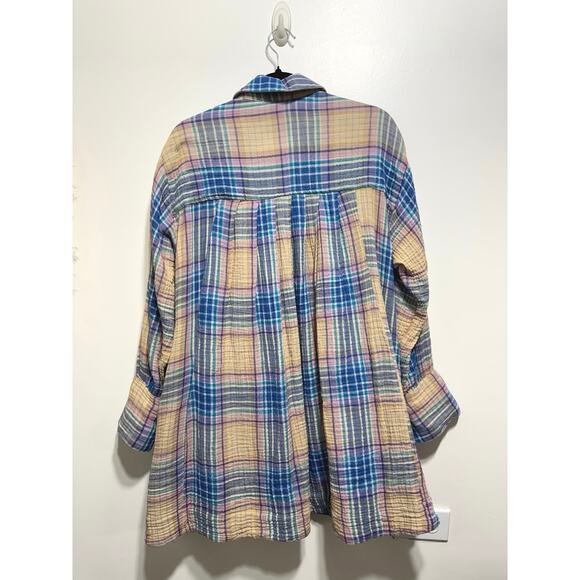 Free People The Voyage Shirtdress Gauze Plaid Blue in Sunrise Combo Size XS - Picture 8 of 14